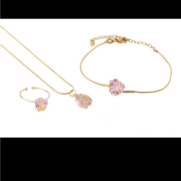 Women Gold Plated Pink Stone Heart Necklace Bracelet Ring Set Jewelry. - Picture 2 of 7